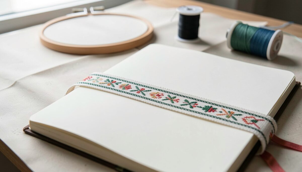 A long narrow embroidered bookmark with a simple border pattern lying across an open blank notebook, with an embroidery hoop and thread spool blurred in the background.