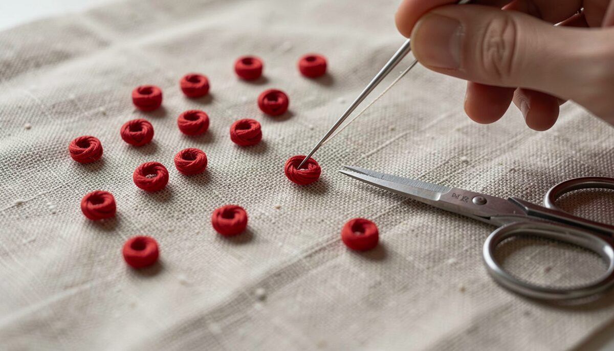 Macro photograph of small red French knots scattered on natural linen, a threaded needle held just above one knot, with a small pair of embroidery scissors at the edge of the frame.