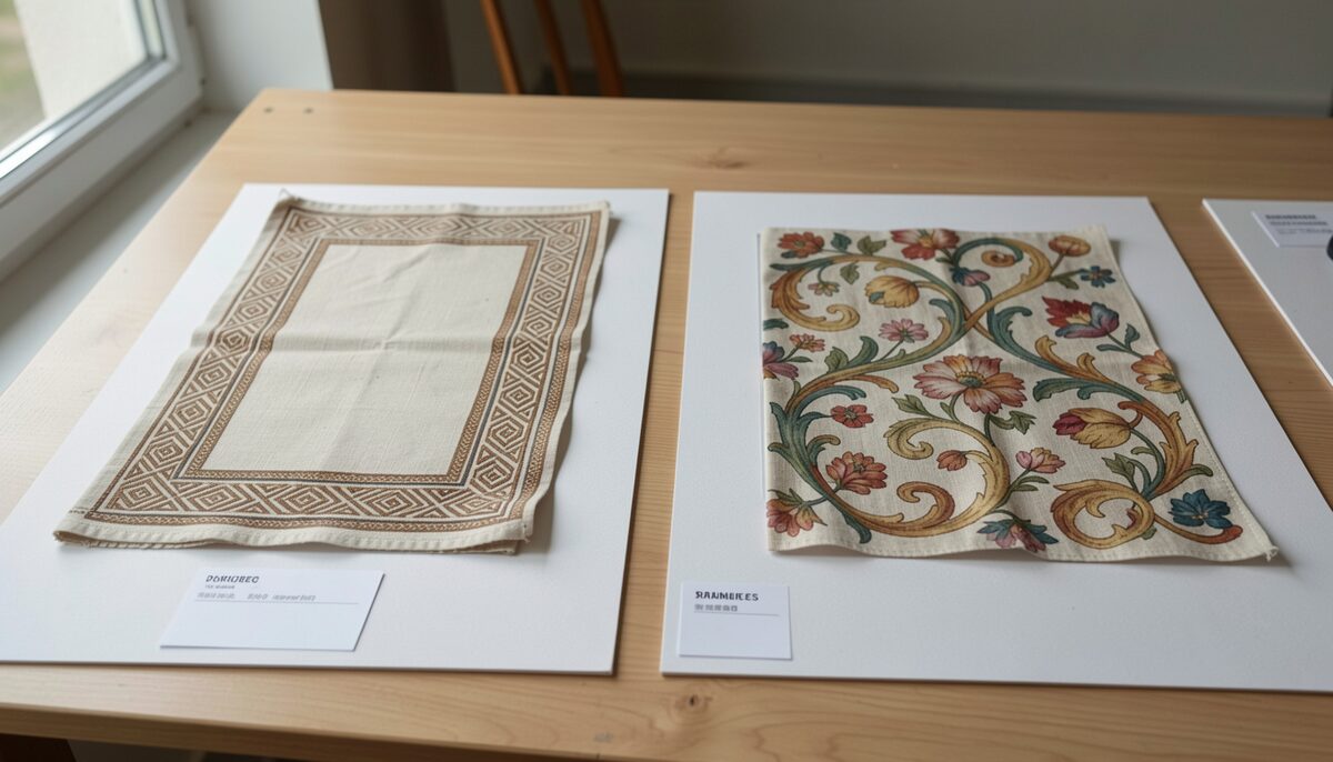 A study table showing two separate textile pieces side by side, one with a geometric border and one with a floral scroll, each on a plain white mat with a small unlabelled index card nearby.