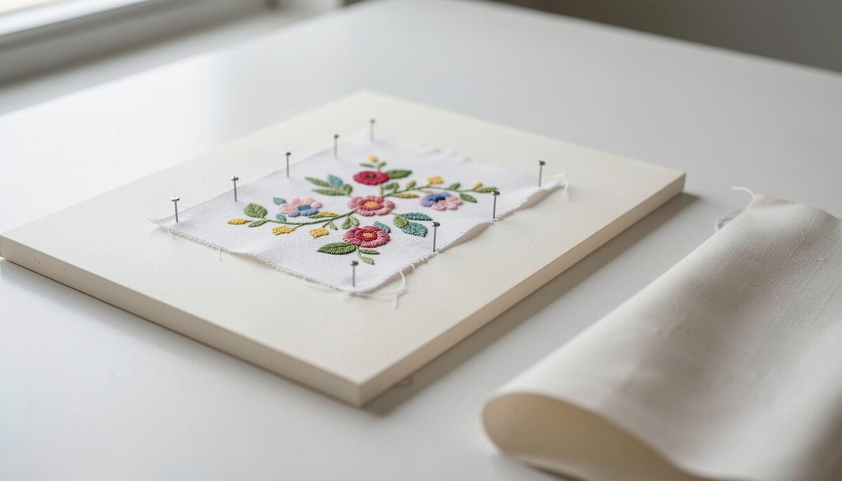 A finished small embroidery stretched over an acid free board on a clean table, with stainless steel pins holding the fabric edge and a piece of plain backing cloth nearby.