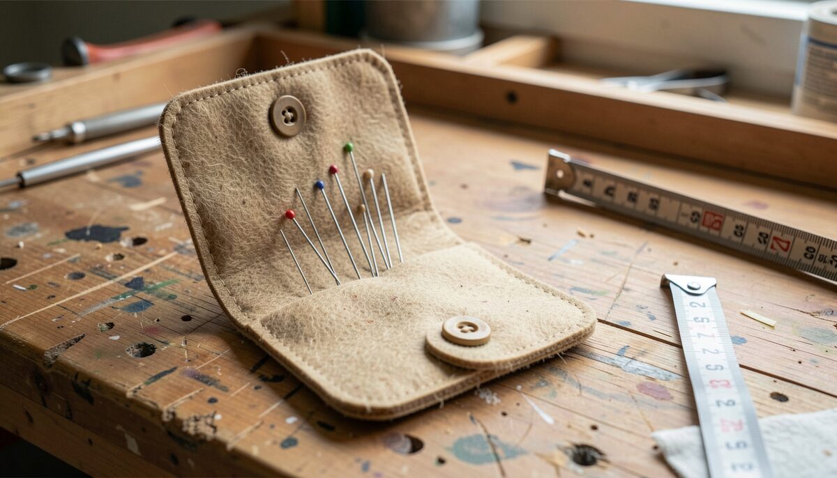An open handmade wool felt needle case on a workbench, with several needles tucked into the inner flap and a button closure visible on the front, beside a measuring tape.