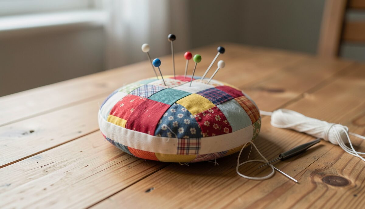 A round patchwork pin cushion made from small cotton squares sitting on a wooden table, with several pins inserted and a needle and thread resting beside it.