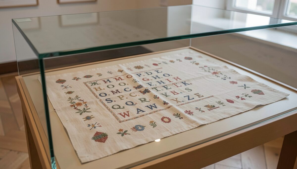 A glass topped museum display case containing a nineteenth century linen sampler with alphabet letters and small motifs, photographed from a slight angle in a quiet gallery.