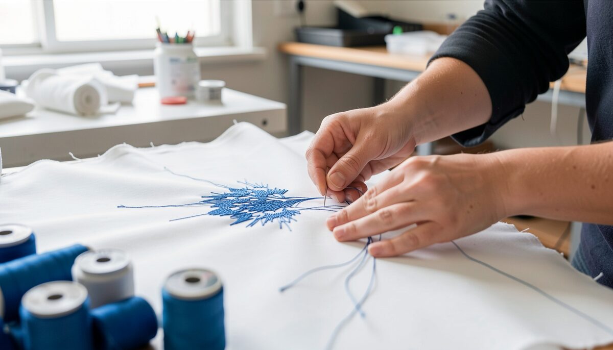 A pair of hands in a bright workroom guiding a needle through taut white cotton fabric filled with mostly finished blue satin stitch, spools of blue thread visible in the foreground.