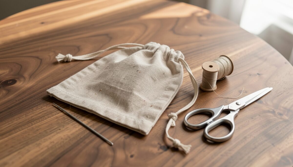 A finished small natural linen drawstring pouch lying on a walnut table beside a needle, a spool of matching thread and a small pair of scissors, with the drawstring loosely coiled.
