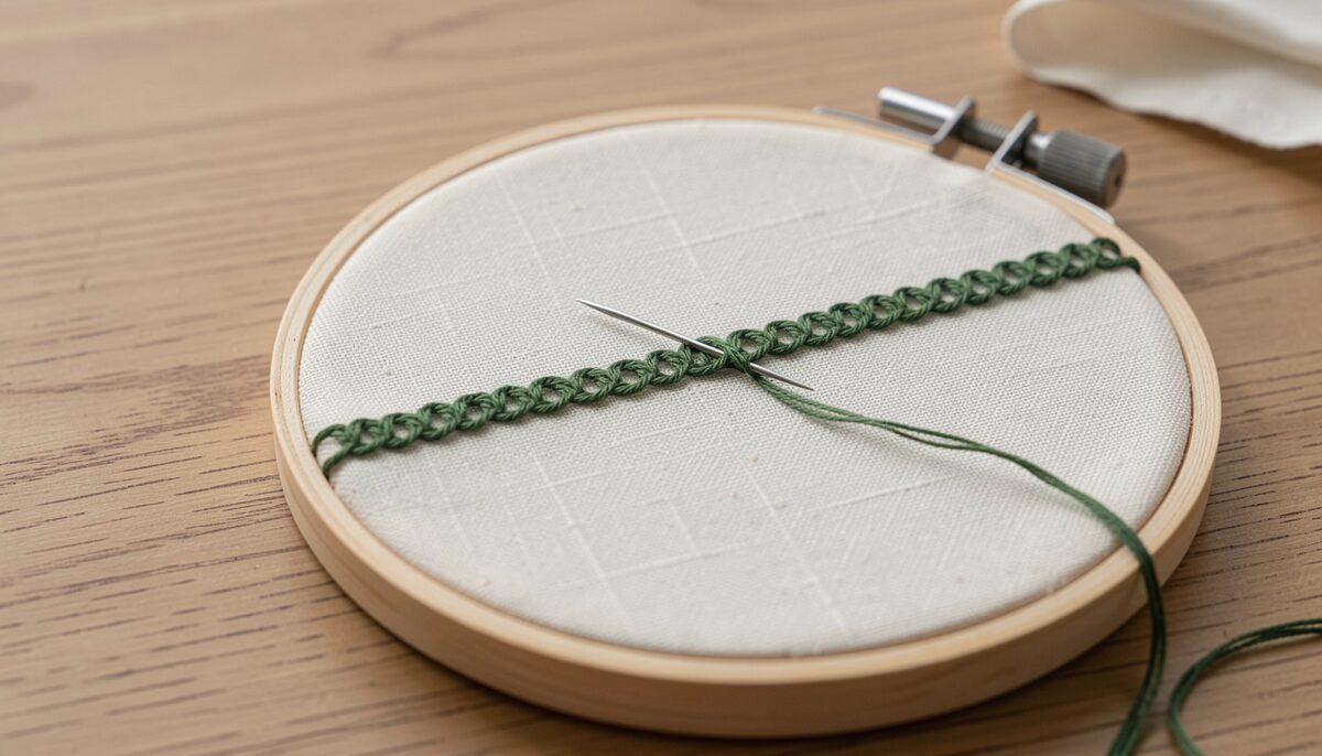 Close up of a wooden embroidery hoop holding cream linen fabric with a line of green chain stitch, a metal needle threaded with green floss resting on the fabric, on a plain oak table.