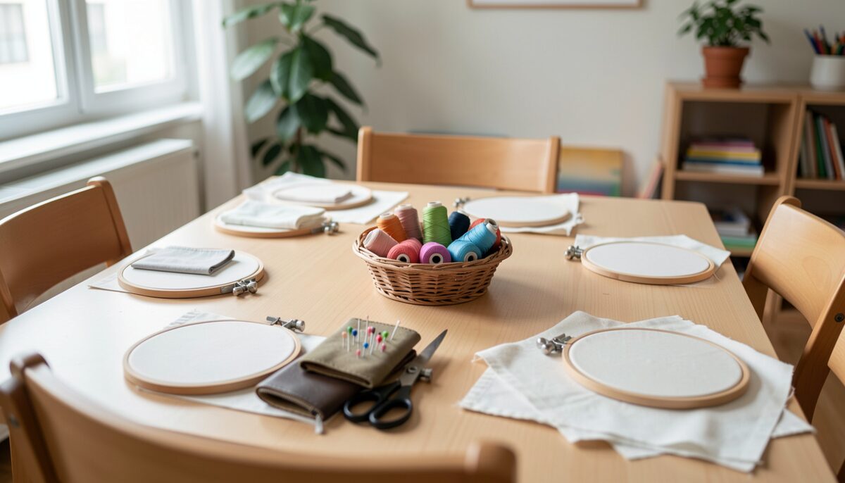 A bright community room table set with four place settings, each with a small embroidery hoop, a needle book, a pair of scissors and a square of cotton fabric, with a shared basket of thread in the centre.